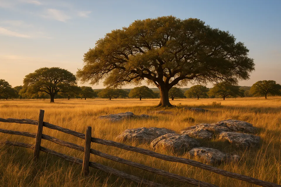Live oak trees and golden grass on a ranch in the Fredericksburg wine country