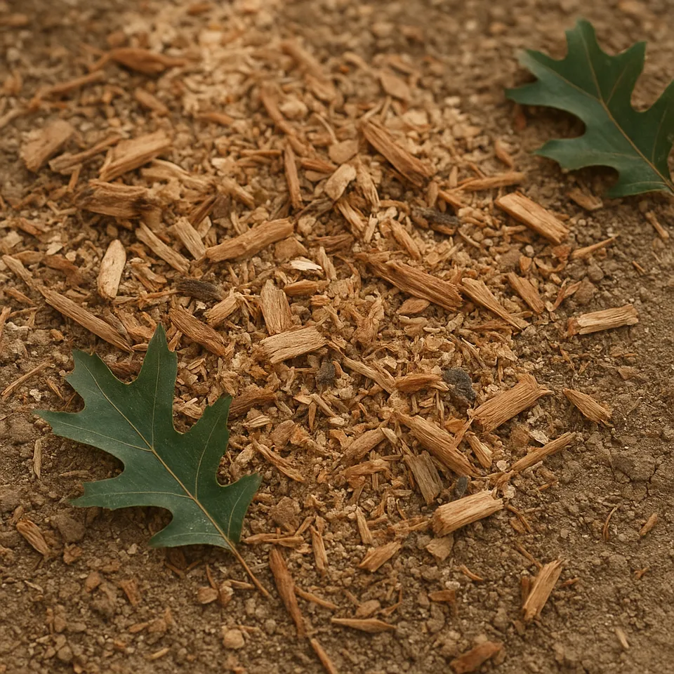 Wood chips left after stump grinding on an Austin property