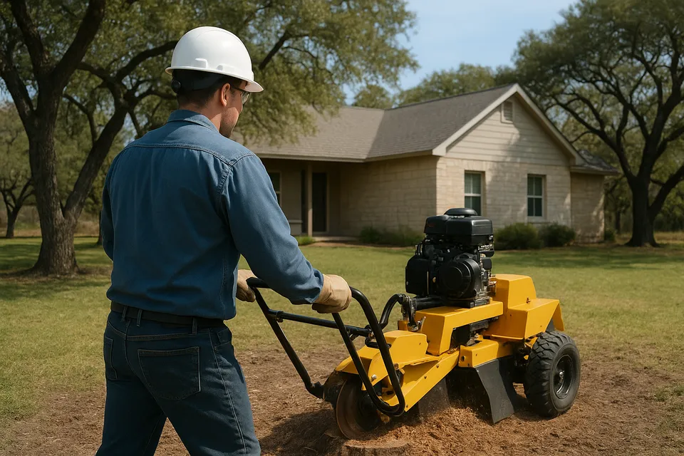 Professional operator running a stump grinder on a job site in the Texas Hill Country